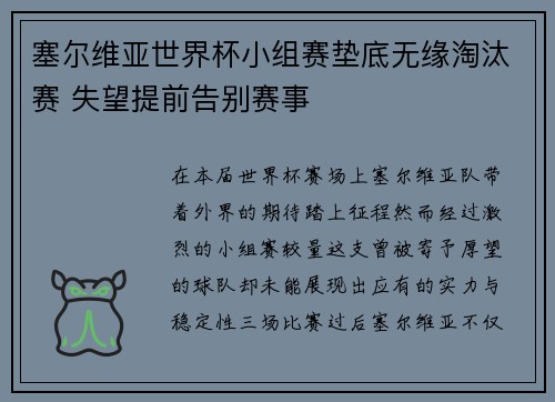 塞尔维亚世界杯小组赛垫底无缘淘汰赛 失望提前告别赛事